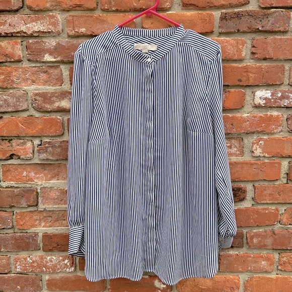 LOFT Plus Womens Navy and White Striped Blouse Button Down L/S Classic Size 16 - Picture 1 of 7